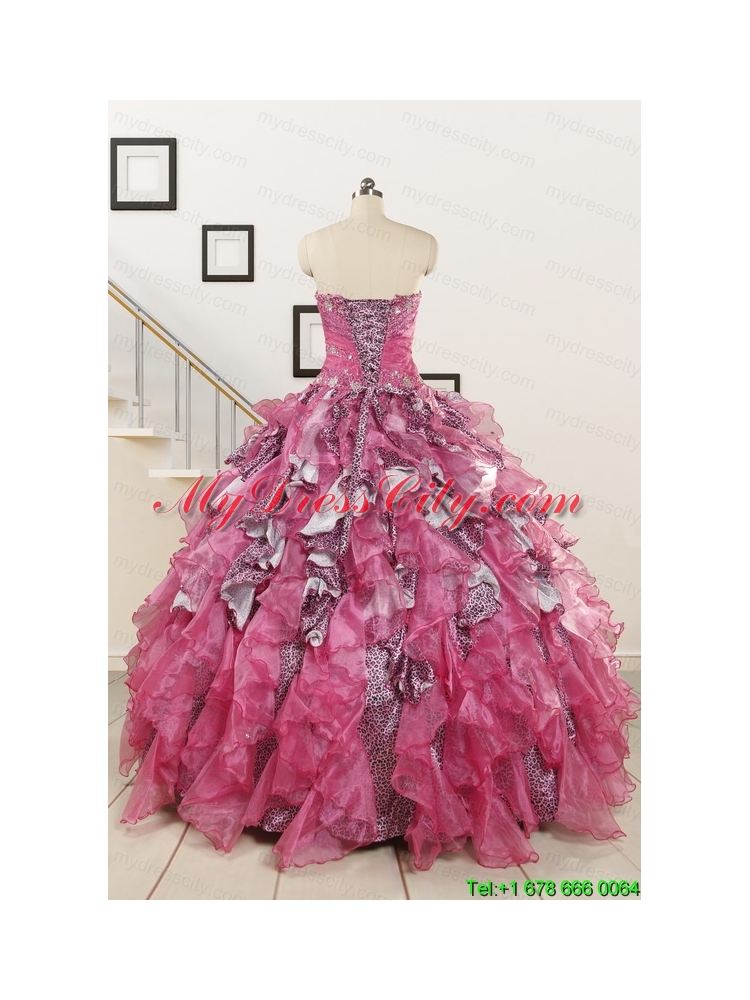 Exclusive Beading Hot Pink Sweet 15 Dress with Leopard