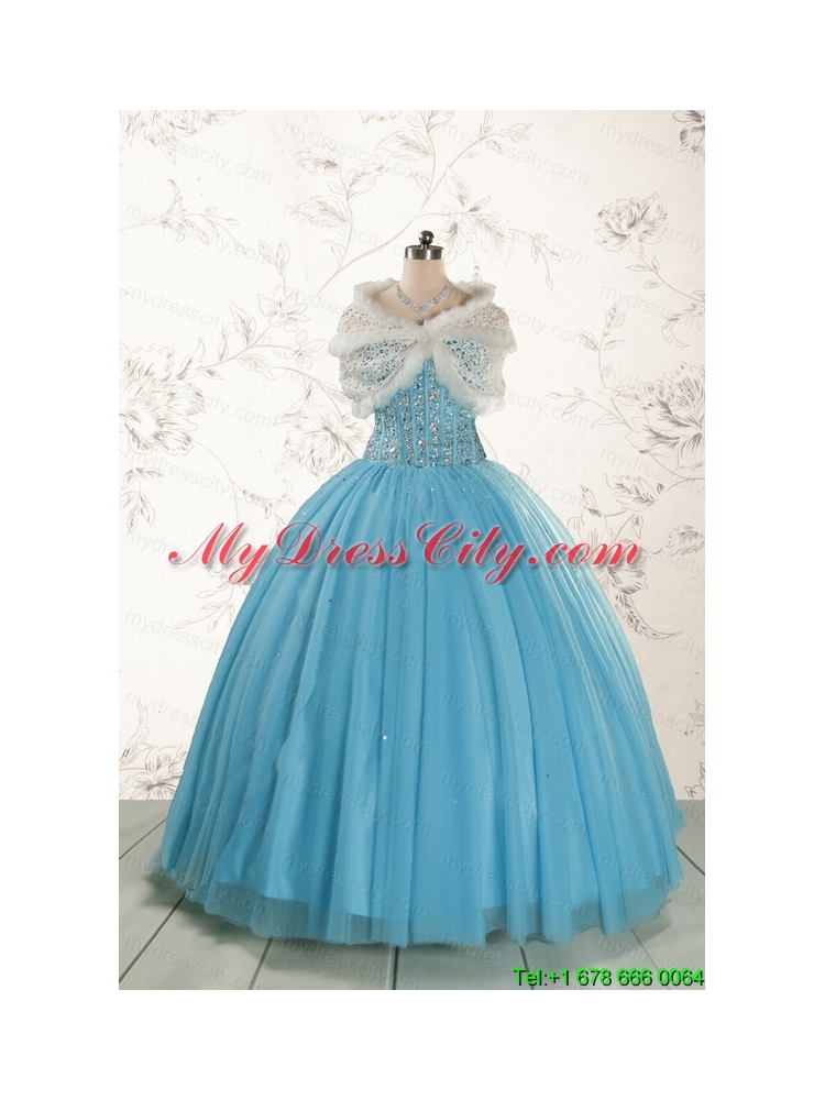 2015 Ball Gown Baby Blue Beading Quinceanera Dress with Wraps