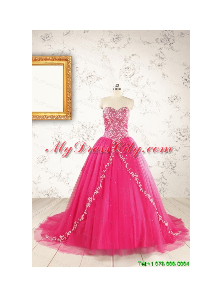 2015 Beautiful Hot Pink Quinceanera Dresses with Beading and Appliques