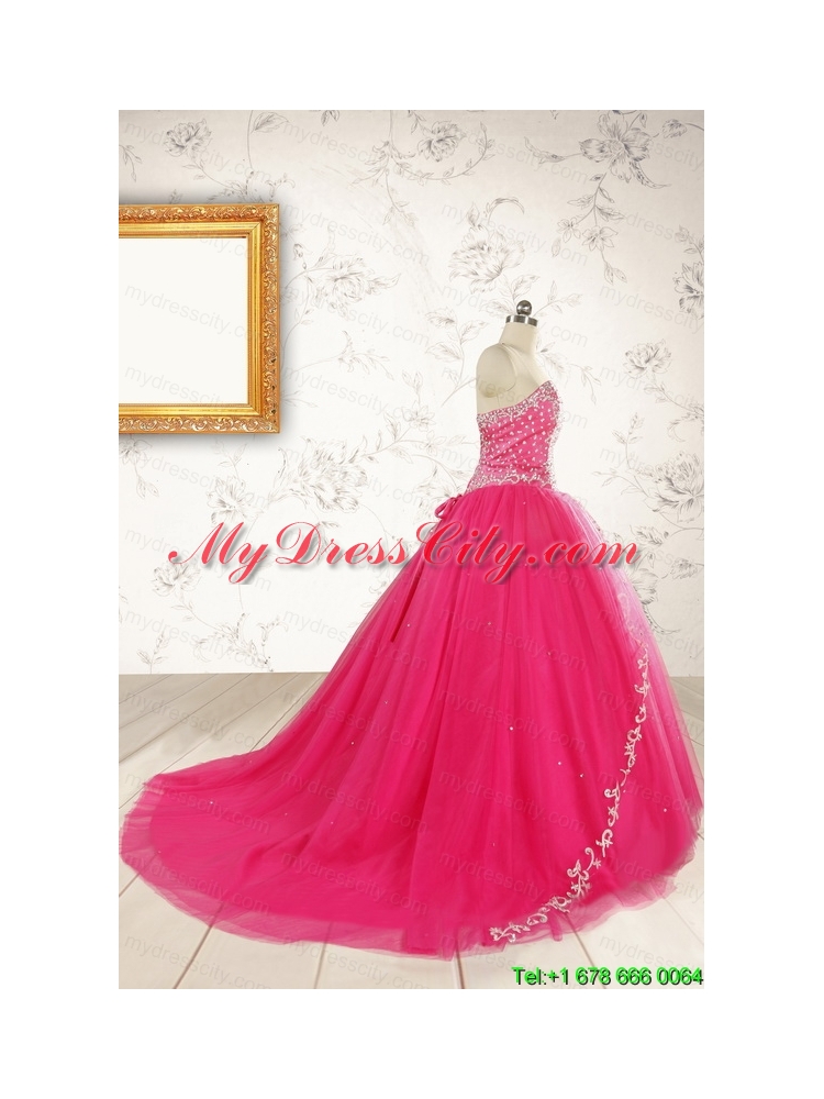 2015 Beautiful Hot Pink Quinceanera Dresses with Beading and Appliques