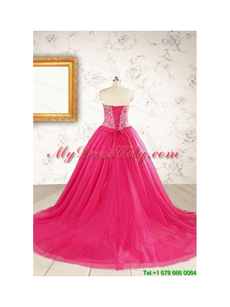 2015 Beautiful Hot Pink Quinceanera Dresses with Beading and Appliques