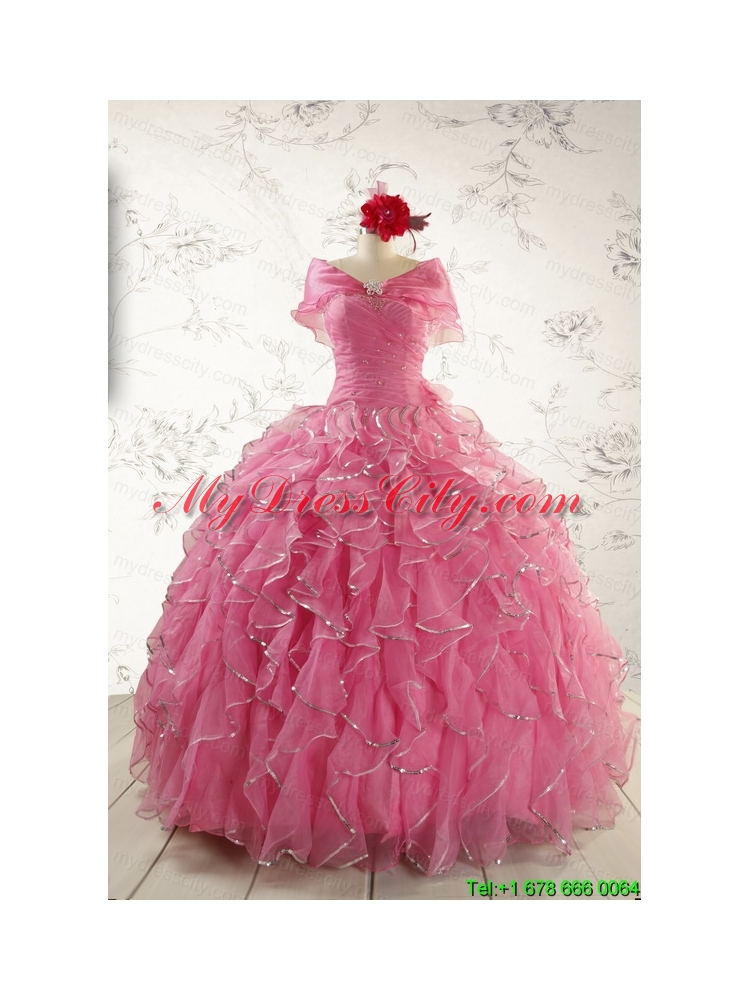 2015 New Style Rose Pink Quinceanera Dresses with  Beading