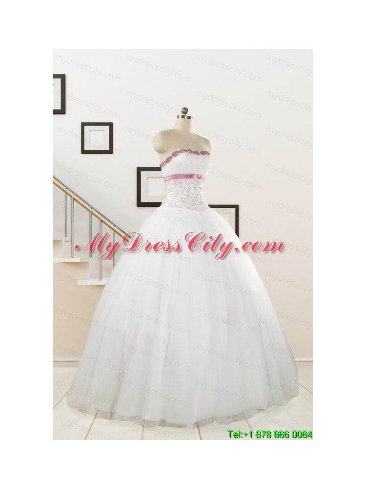 2015 Perfect White Strapless Appliques and Belt Quinceanera Dresses