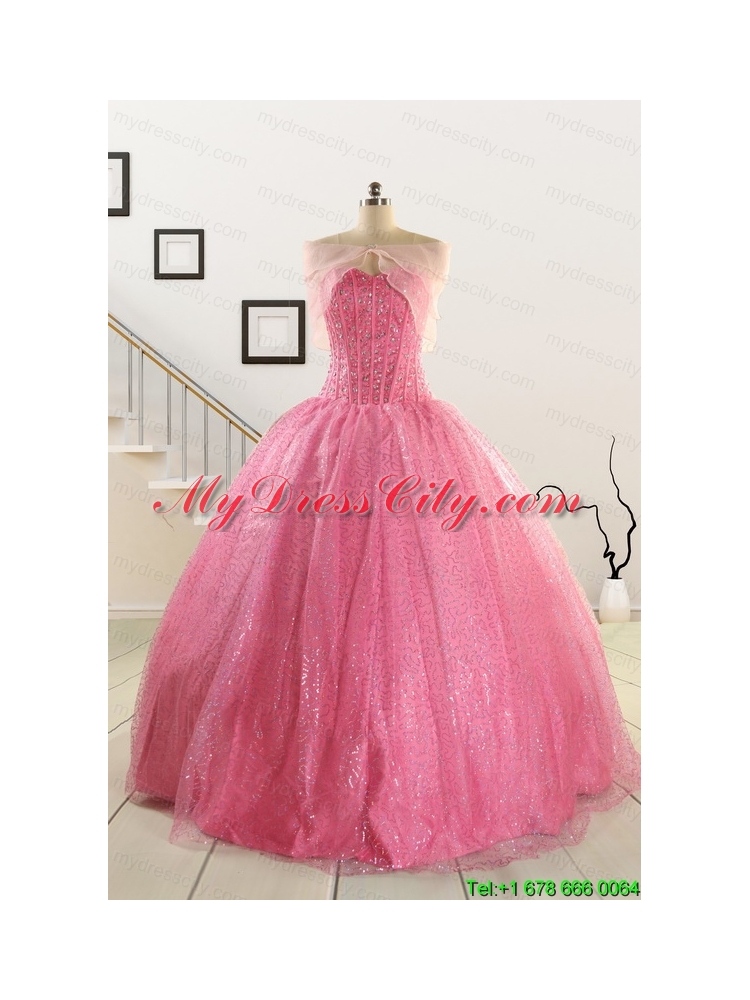 2015 Pretty Strapless Quinceanera Dresses in Rose Pink