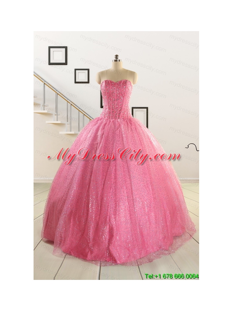 2015 Pretty Strapless Quinceanera Dresses in Rose Pink