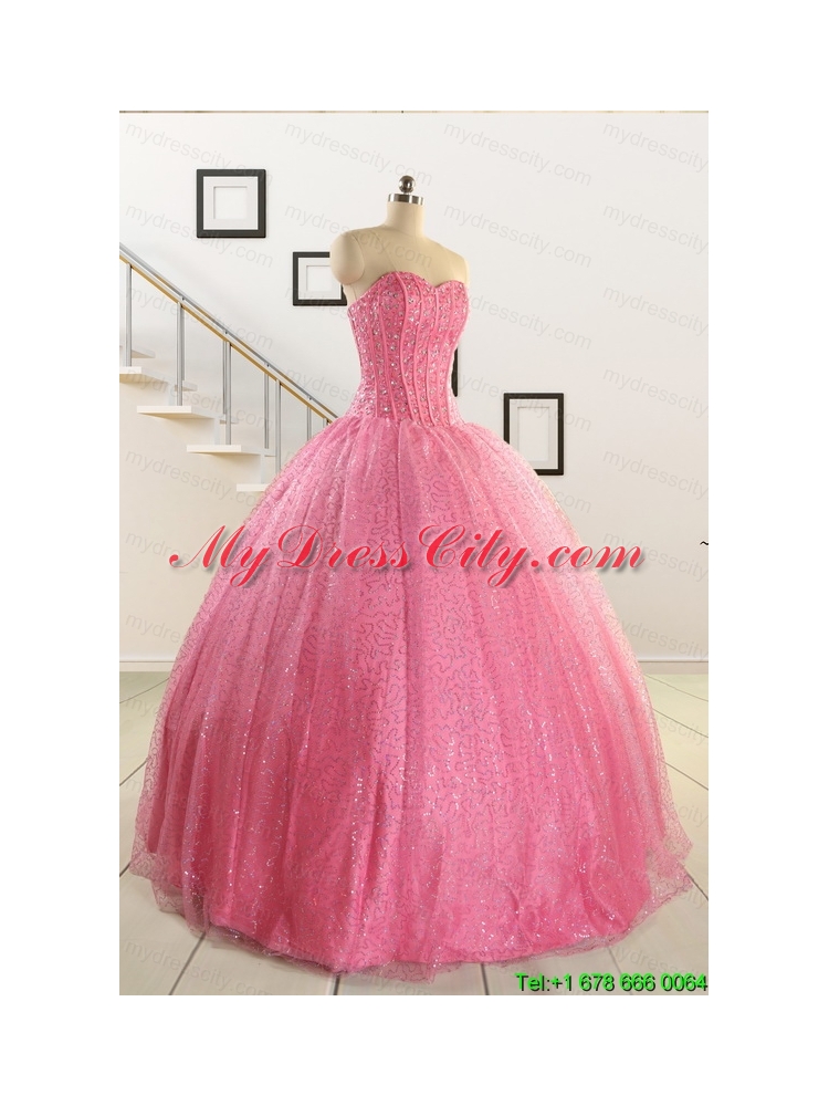 2015 Pretty Strapless Quinceanera Dresses in Rose Pink