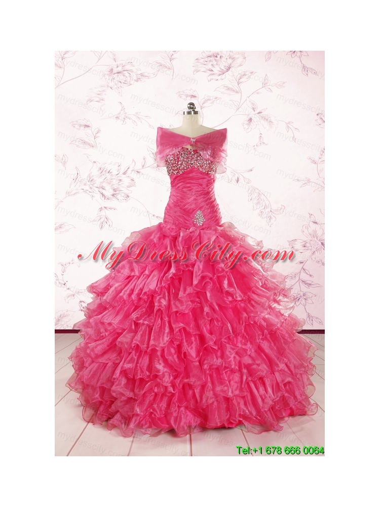 2015 Sweetheart Sequins Ruffles Unique Hot Pink Quinceanera Dresses