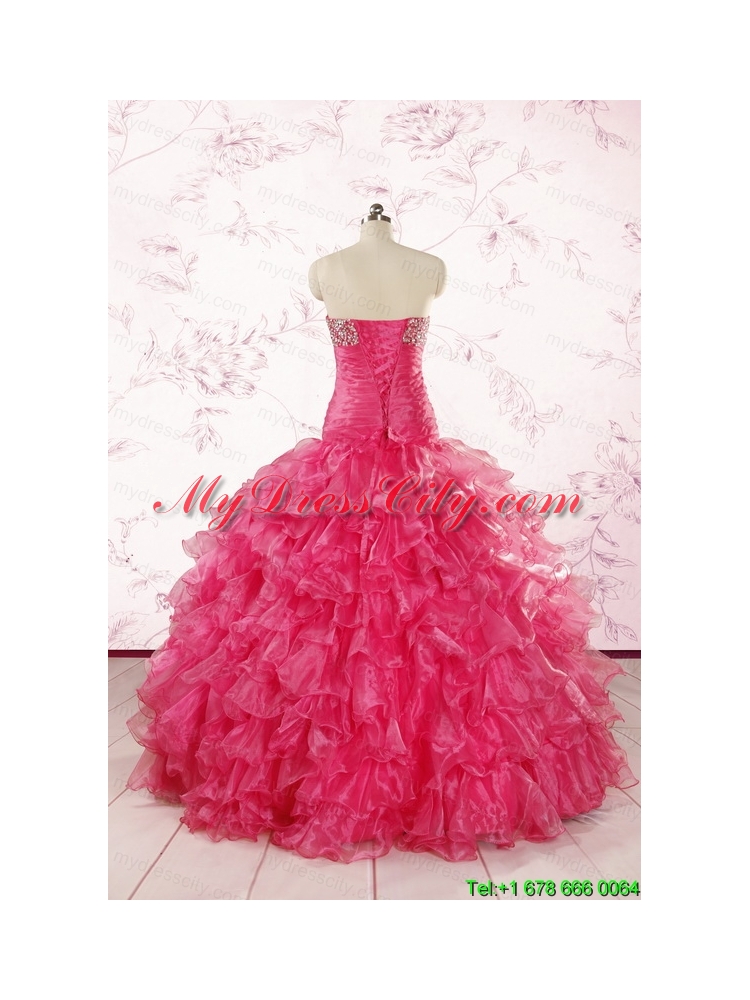 2015 Sweetheart Sequins Ruffles Unique Hot Pink Quinceanera Dresses