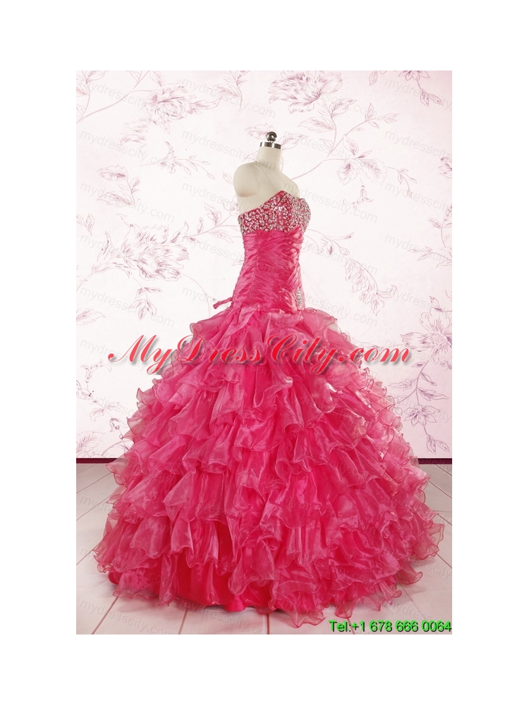 2015 Sweetheart Sequins Ruffles Unique Hot Pink Quinceanera Dresses