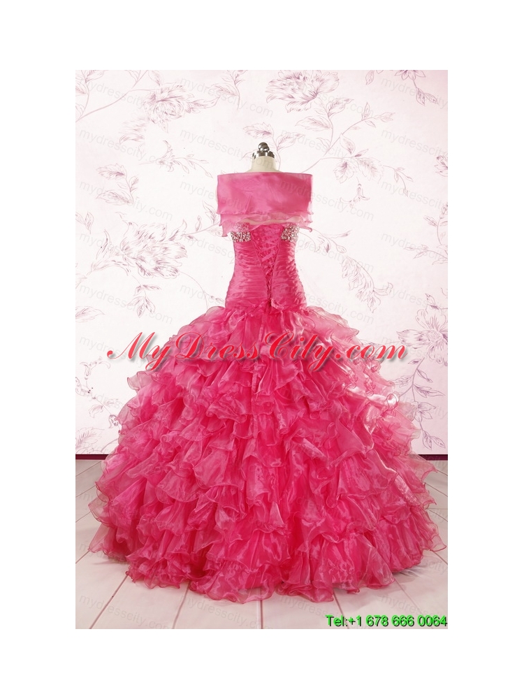 2015 Sweetheart Sequins Ruffles Unique Hot Pink Quinceanera Dresses