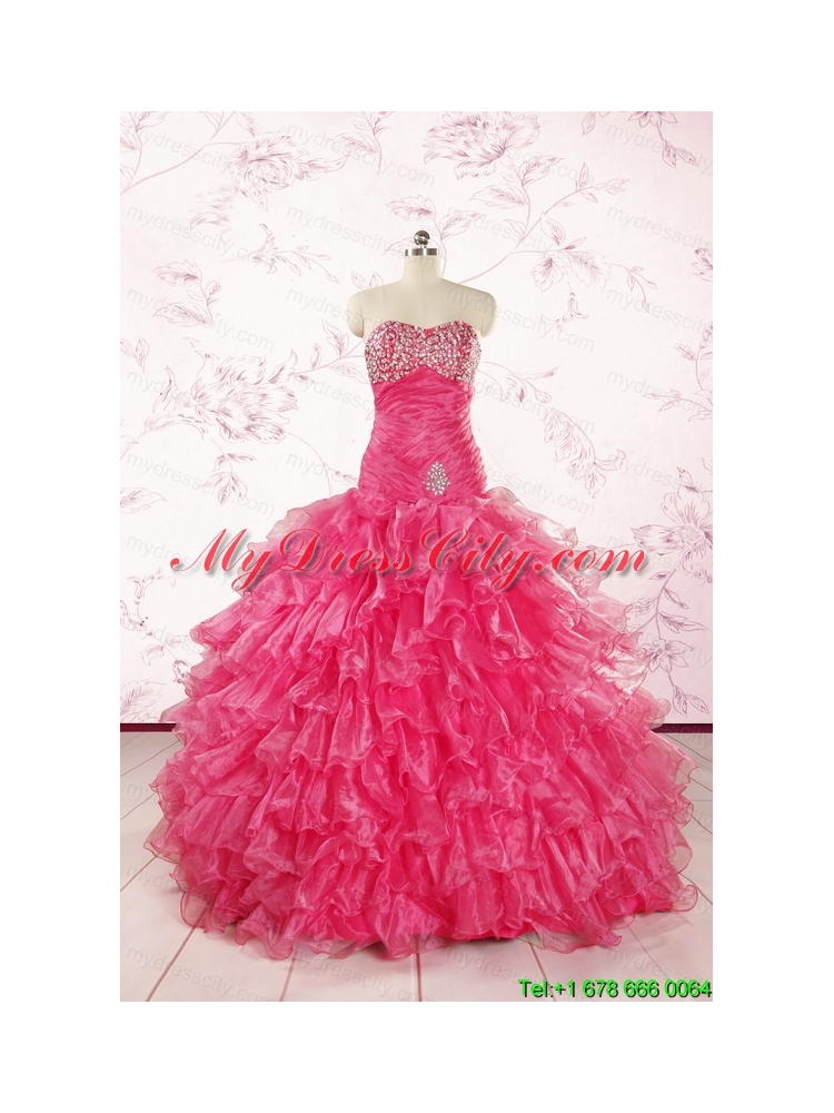 2015 Sweetheart Sequins Ruffles Unique Hot Pink Quinceanera Dresses