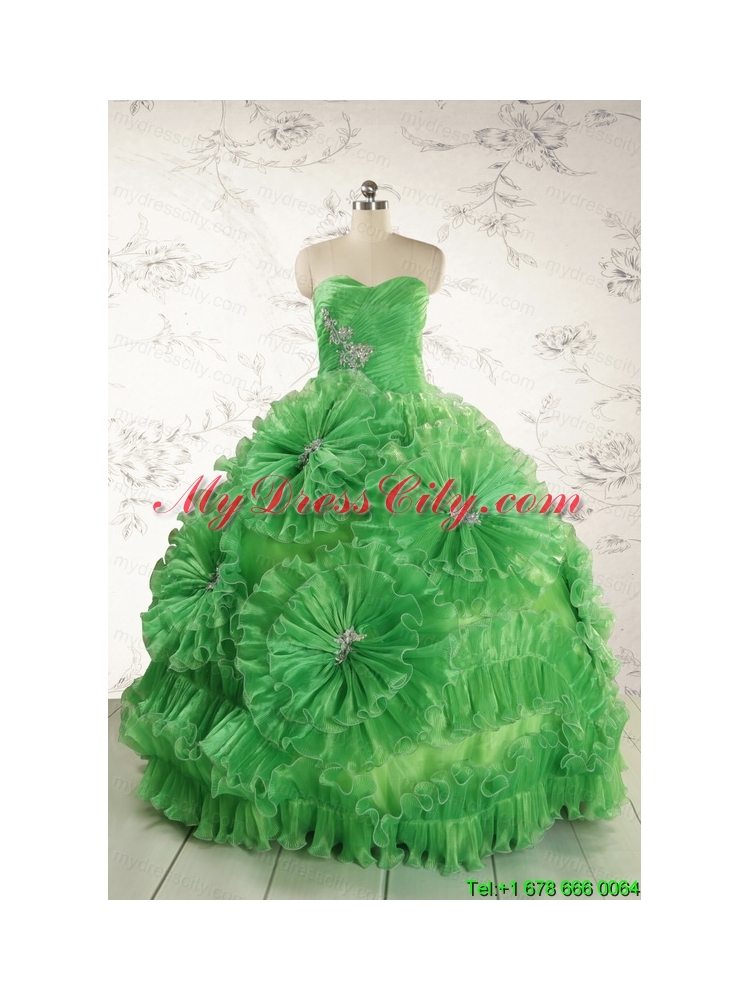 Classical Green Quinceanera Dresses with Appliques and Ruffles for 2015