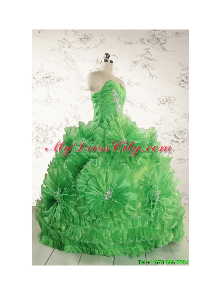 Classical Green Quinceanera Dresses with Appliques and Ruffles for 2015