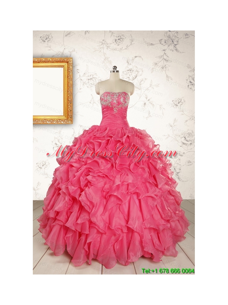 Hot Pink Strapless Beading and Ruffles Ball Gown 2015 Quinceanera Dresses