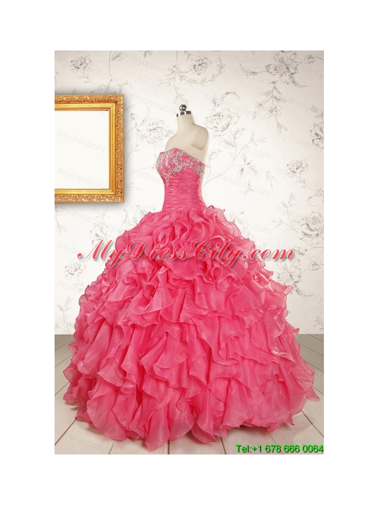 Hot Pink Strapless Beading and Ruffles Ball Gown 2015 Quinceanera Dresses