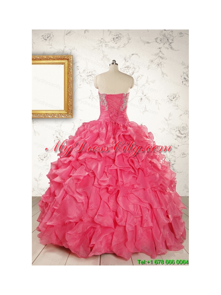 Hot Pink Strapless Beading and Ruffles Ball Gown 2015 Quinceanera Dresses