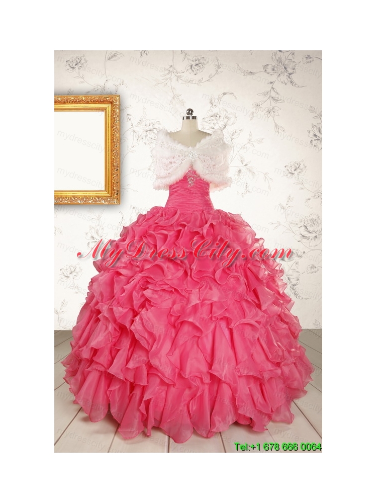 Hot Pink Strapless Beading and Ruffles Ball Gown 2015 Quinceanera Dresses