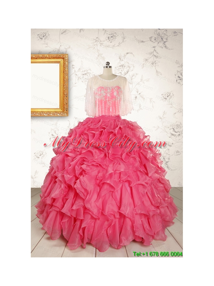 Hot Pink Strapless Beading and Ruffles Ball Gown 2015 Quinceanera Dresses