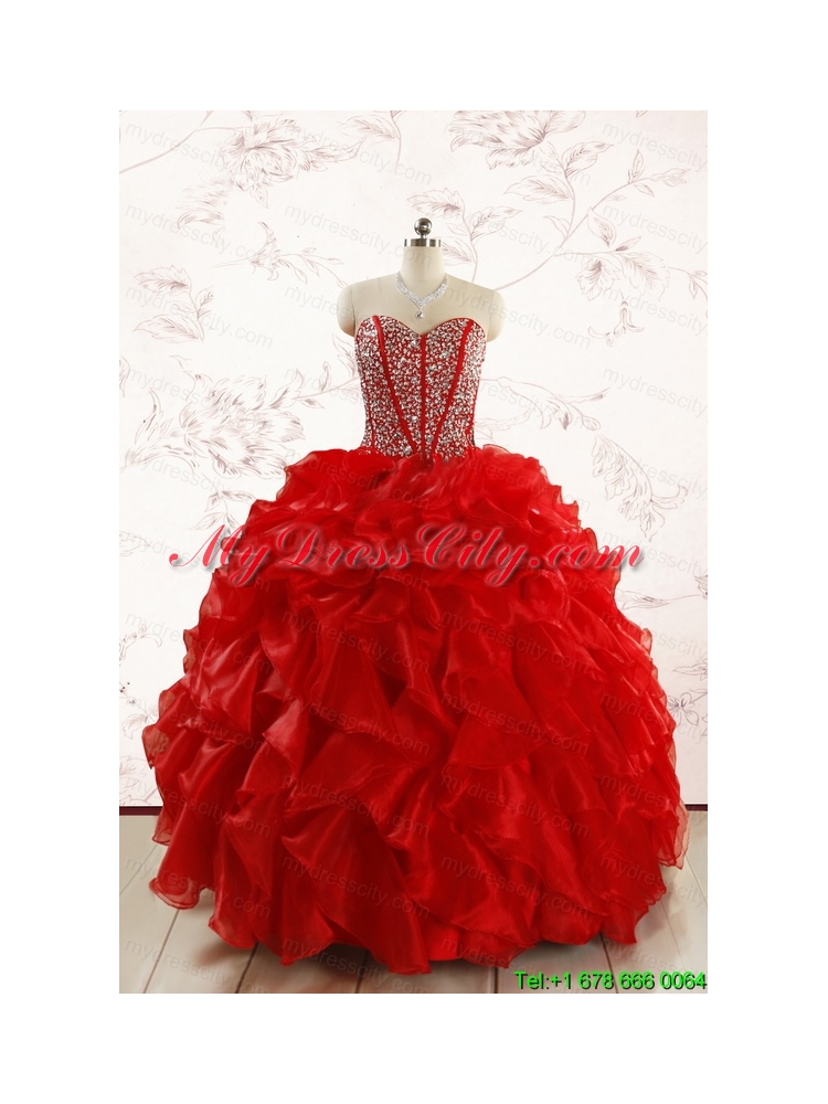 Red Beading and Ruffles Sweetheart Pretty Quinceanera Dresses for 2015