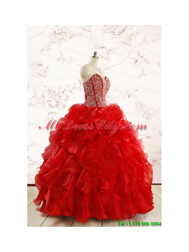 Red Beading and Ruffles Sweetheart Pretty Quinceanera Dresses for 2015