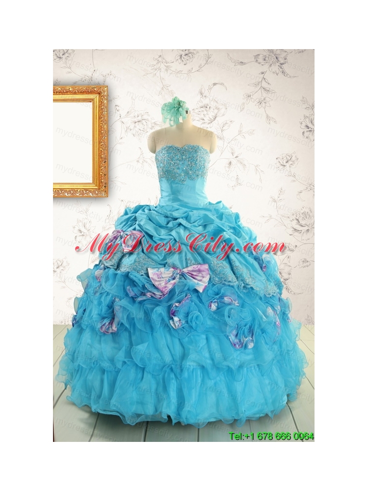 2015 Cheap Aqua Blue Appliques Quinceanera Dresses with Appliques