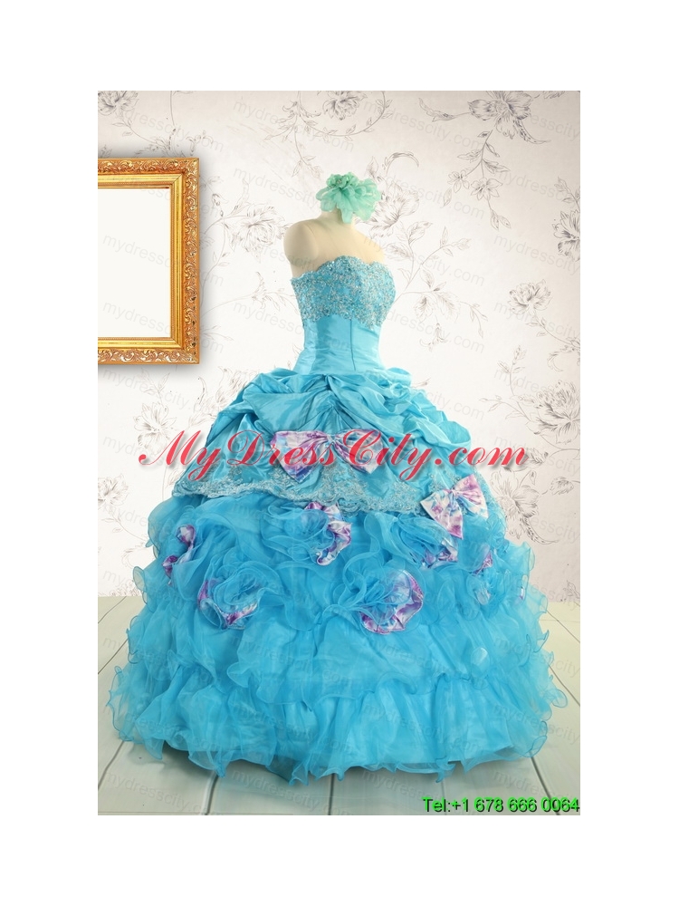 2015 Cheap Aqua Blue Appliques Quinceanera Dresses with Appliques