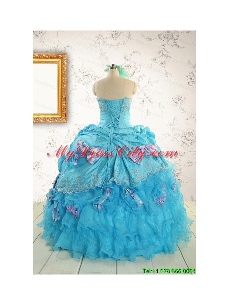 2015 Cheap Aqua Blue Appliques Quinceanera Dresses with Appliques