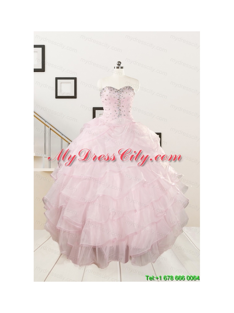 2015 Cute Baby Pink Quinceanera Dresses with Beading and Ruffles