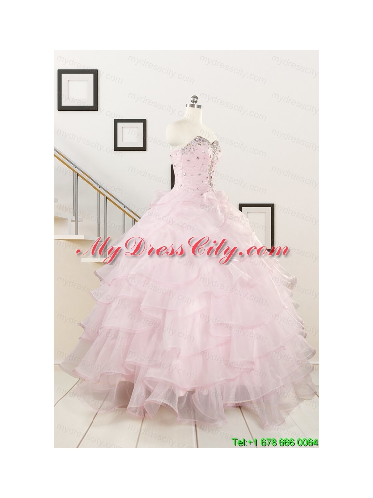 2015 Cute Baby Pink Quinceanera Dresses with Beading and Ruffles