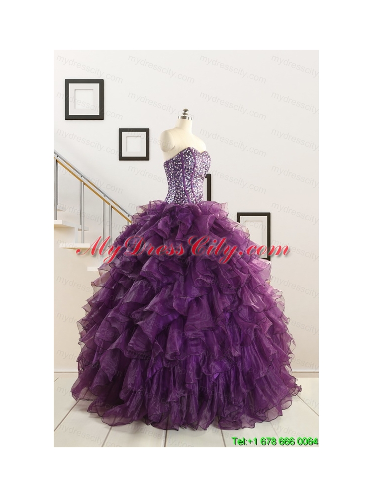 2015 New Style Purple Quinceanera Dresses with Beading and Ruffles