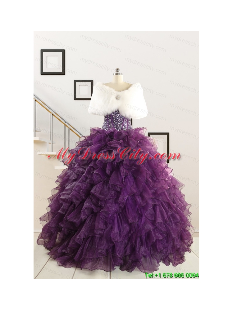 2015 New Style Purple Quinceanera Dresses with Beading and Ruffles