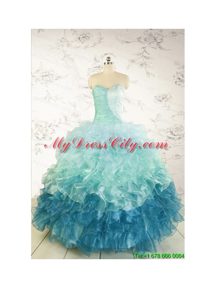 2015 Prefect Blue Quinceanera Dresses with Beading and Ruffles