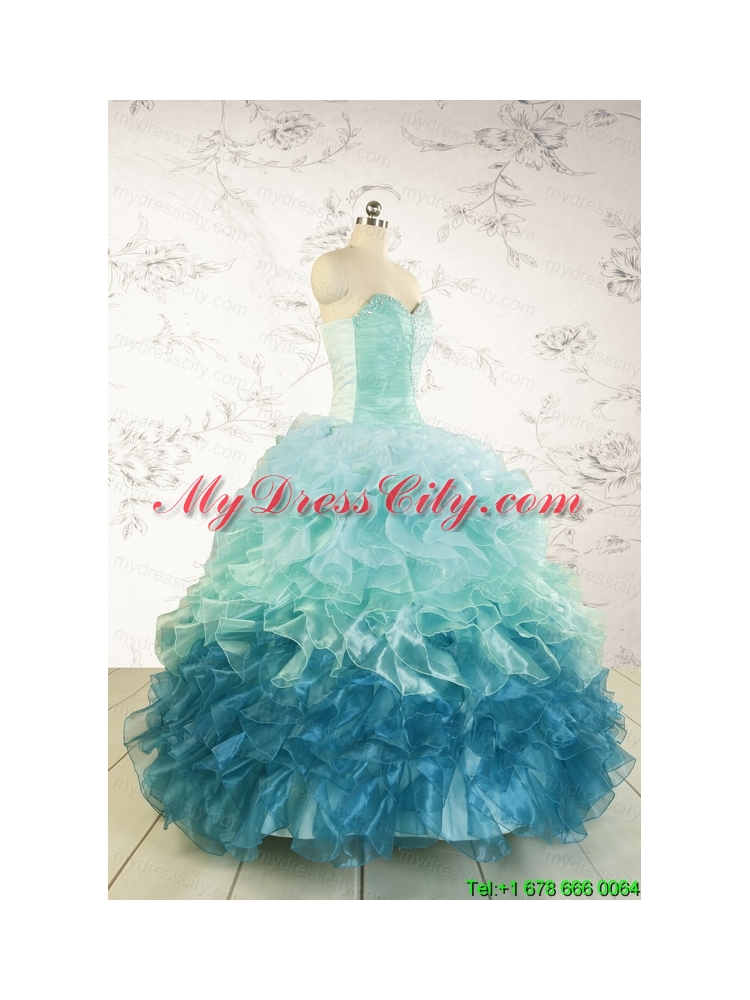 2015 Prefect Blue Quinceanera Dresses with Beading and Ruffles