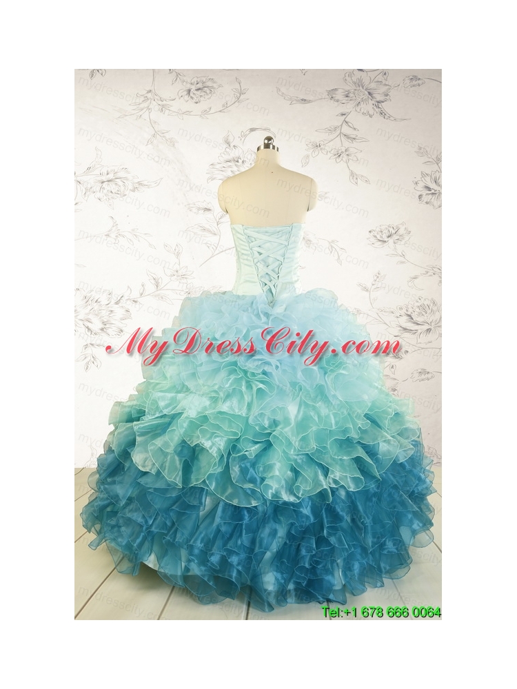 2015 Prefect Blue Quinceanera Dresses with Beading and Ruffles