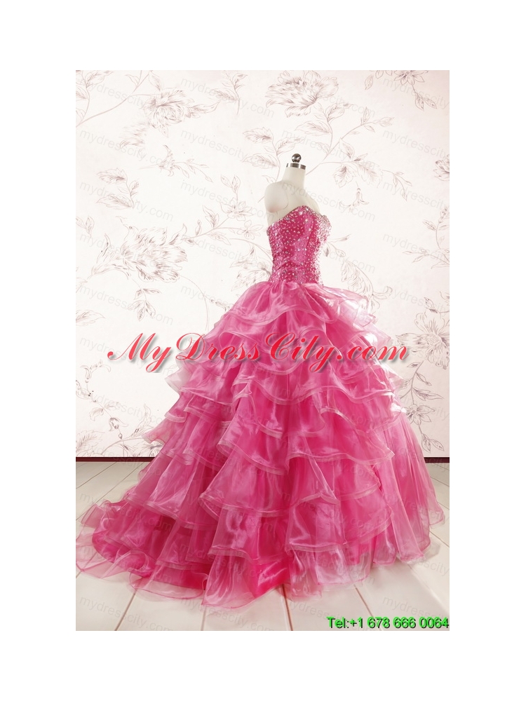 Hot Pink Sweetheart Beading Quinceanera Dresses with Brush Train