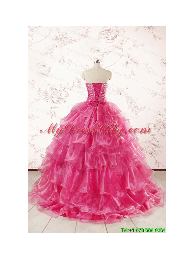 Hot Pink Sweetheart Beading Quinceanera Dresses with Brush Train