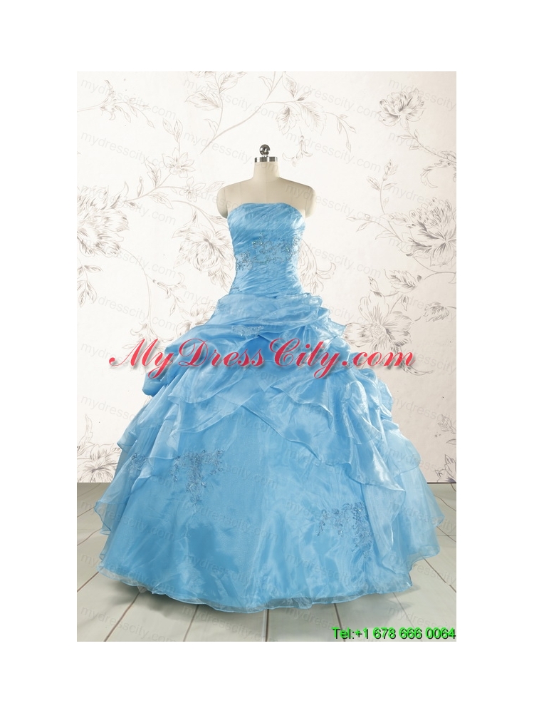 2015 Aqua Blue Hot Sale Appliques Quinceanera Dresses