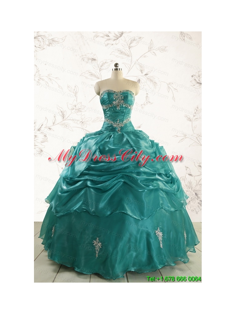 2015 Pretty Dark Green Sweet 16 Dresses with Appliques