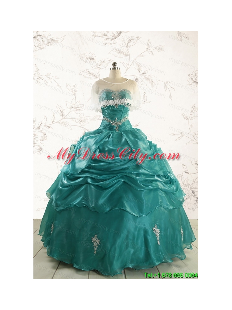 2015 Pretty Dark Green Sweet 16 Dresses with Appliques