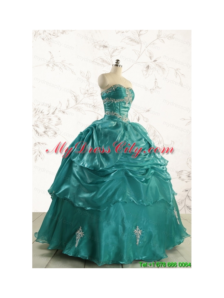 2015 Pretty Dark Green Sweet 16 Dresses with Appliques