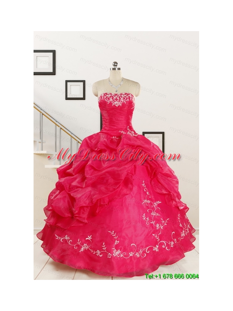 2015 Pretty Sweetheart Embroidery Quinceanera Dress in Coral Red