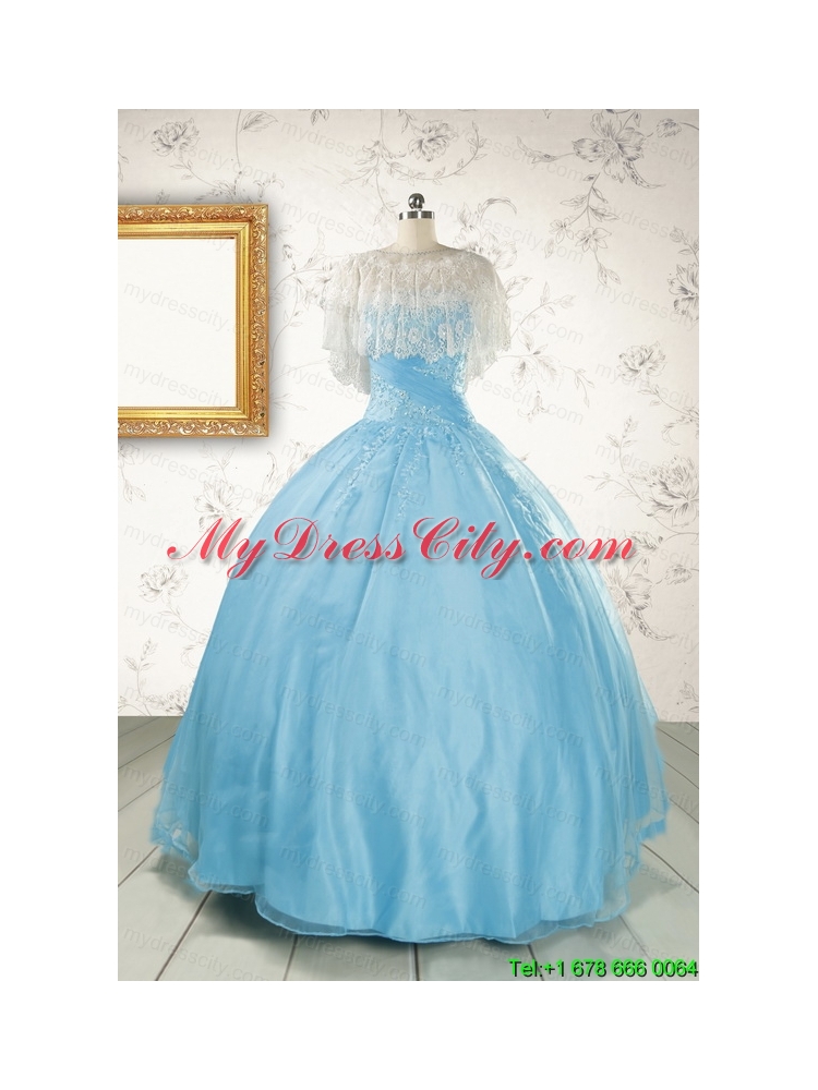 2015 Puffy Beading Aqua Blue Quinceanera Dress with Wraps