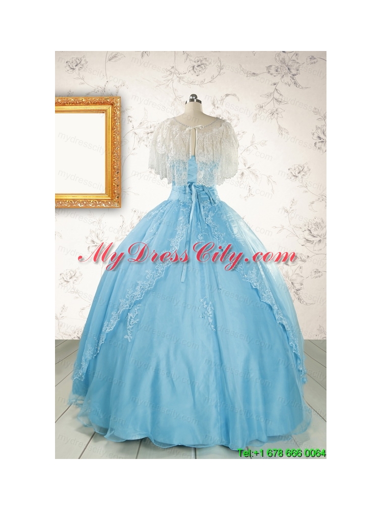 2015 Puffy Beading Aqua Blue Quinceanera Dress with Wraps