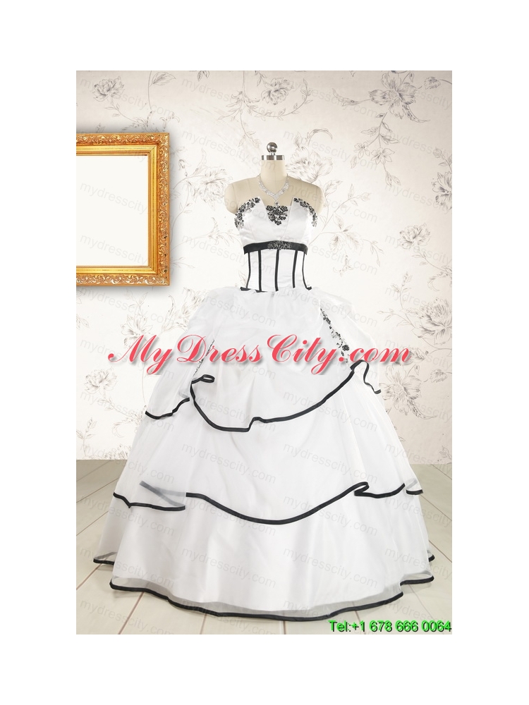 2015 Cheap Appliques and Ruffles White and Black Quinceanera Dresses