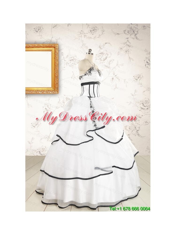 2015 Cheap Appliques and Ruffles White and Black Quinceanera Dresses