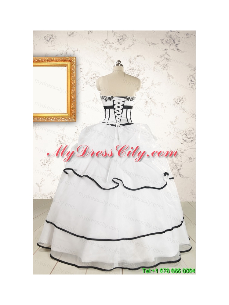 2015 Cheap Appliques and Ruffles White and Black Quinceanera Dresses