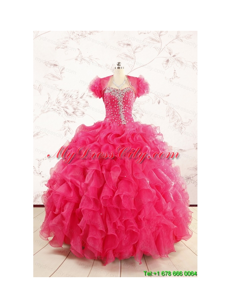 2015 Hot Pink Beading Wonderful Quinceanera Dresses