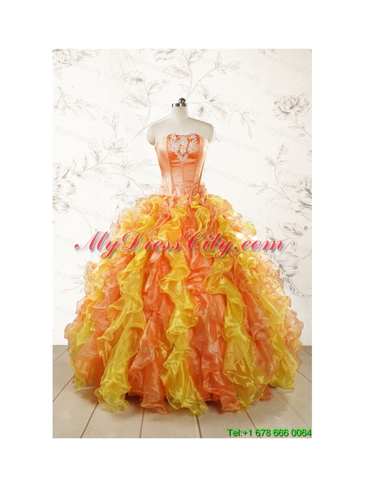 2015 Luuxurious Strapless Appliques and Ruffles Puffy Quinceanera Dresses