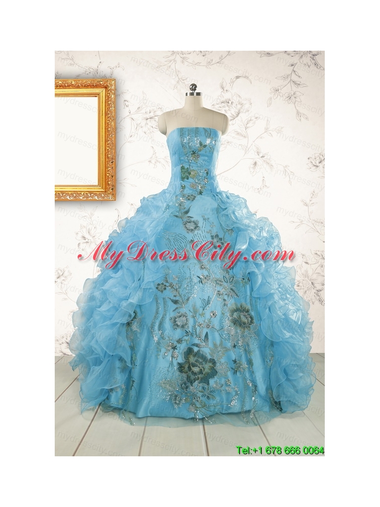 2015 New Style Ruffles Embroidery Strapless Quinceanera Dresses in Baby Blue