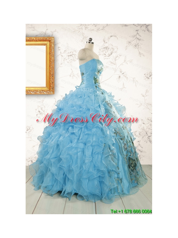 2015 New Style Ruffles Embroidery Strapless Quinceanera Dresses in Baby Blue